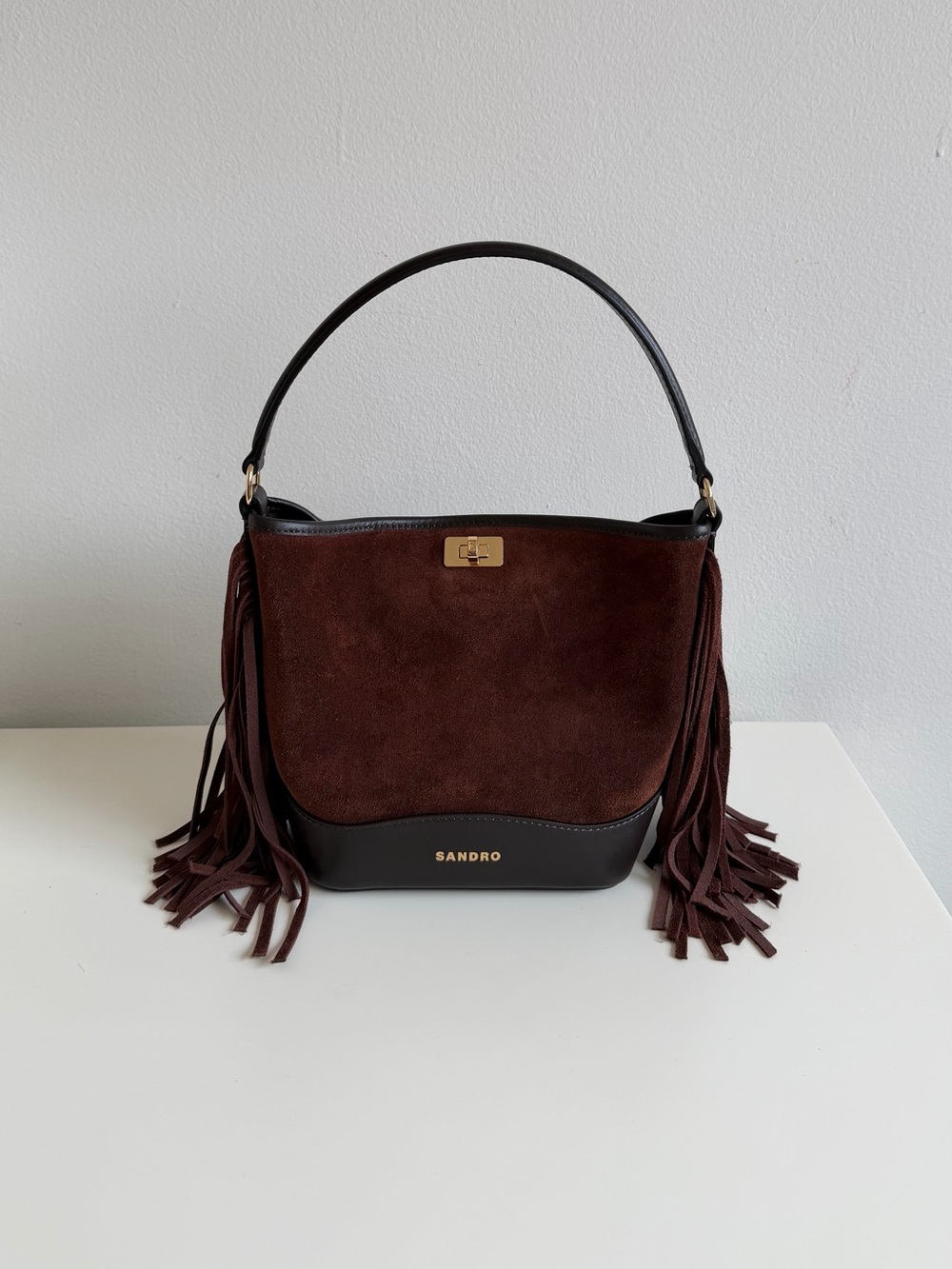 Sandro mini Tangoso Dark Brown Suede Fringe Shoulder Bag - Picture 5 of 10